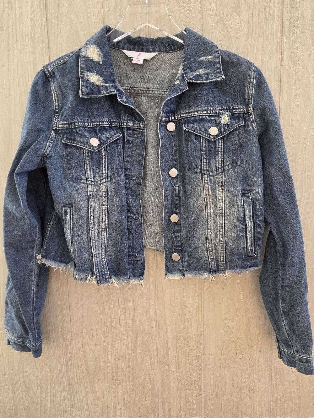 NWT $40 AMP Kmart Distressed Denim Raw Hem Junior Cropped Jacket Size L